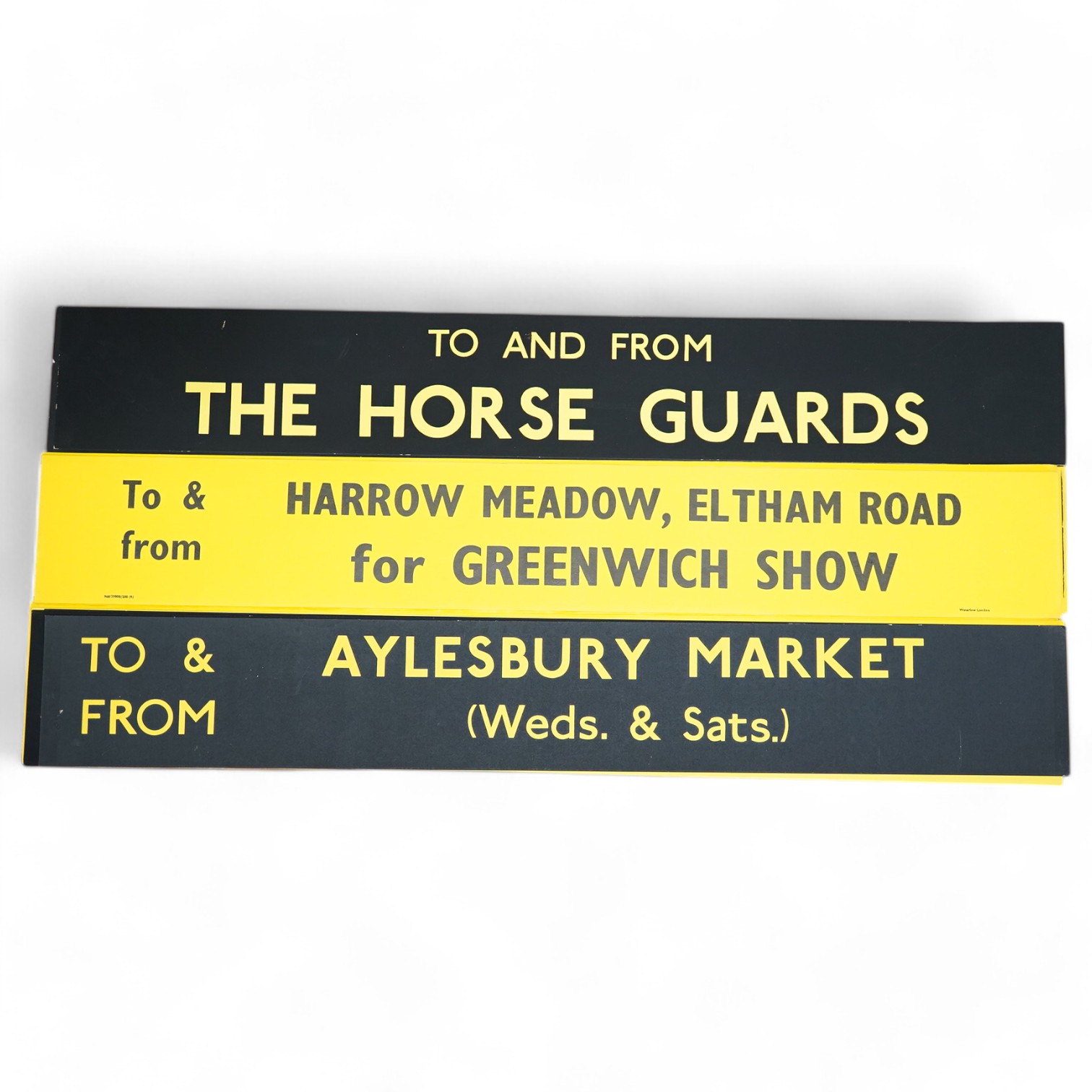 A collection of mid 1960s London Transport slipboard posters understood to have been used on Routemaster buses, signs include; to and from the horse guards, to inform Harrow Meadow, Eltham Road for Greenwich show, Millwa